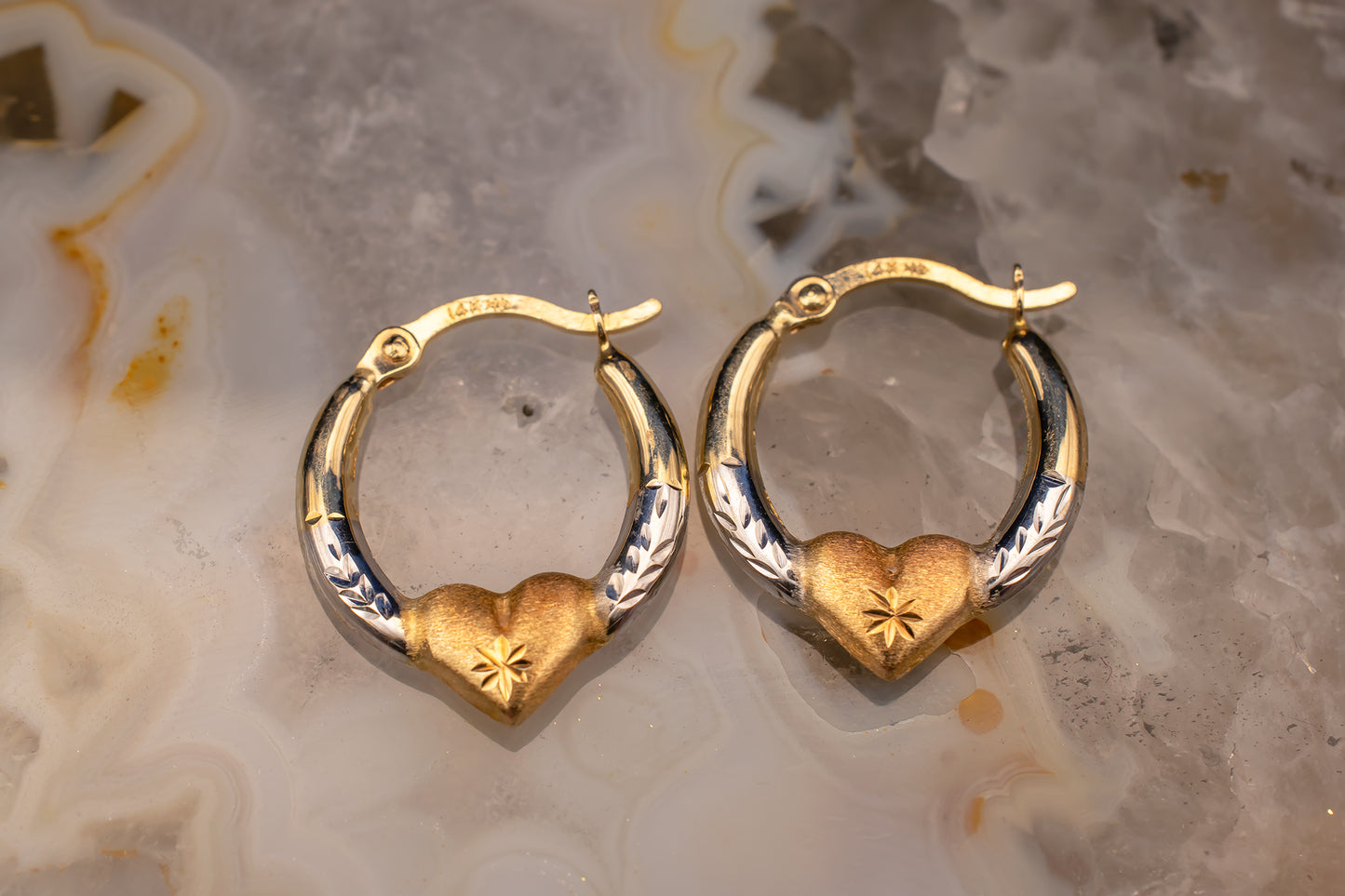 Vintage 14k Tricolor Yellow, White And Rose Gold Small Diamond Cut Heart Latch Back Hoop Earring