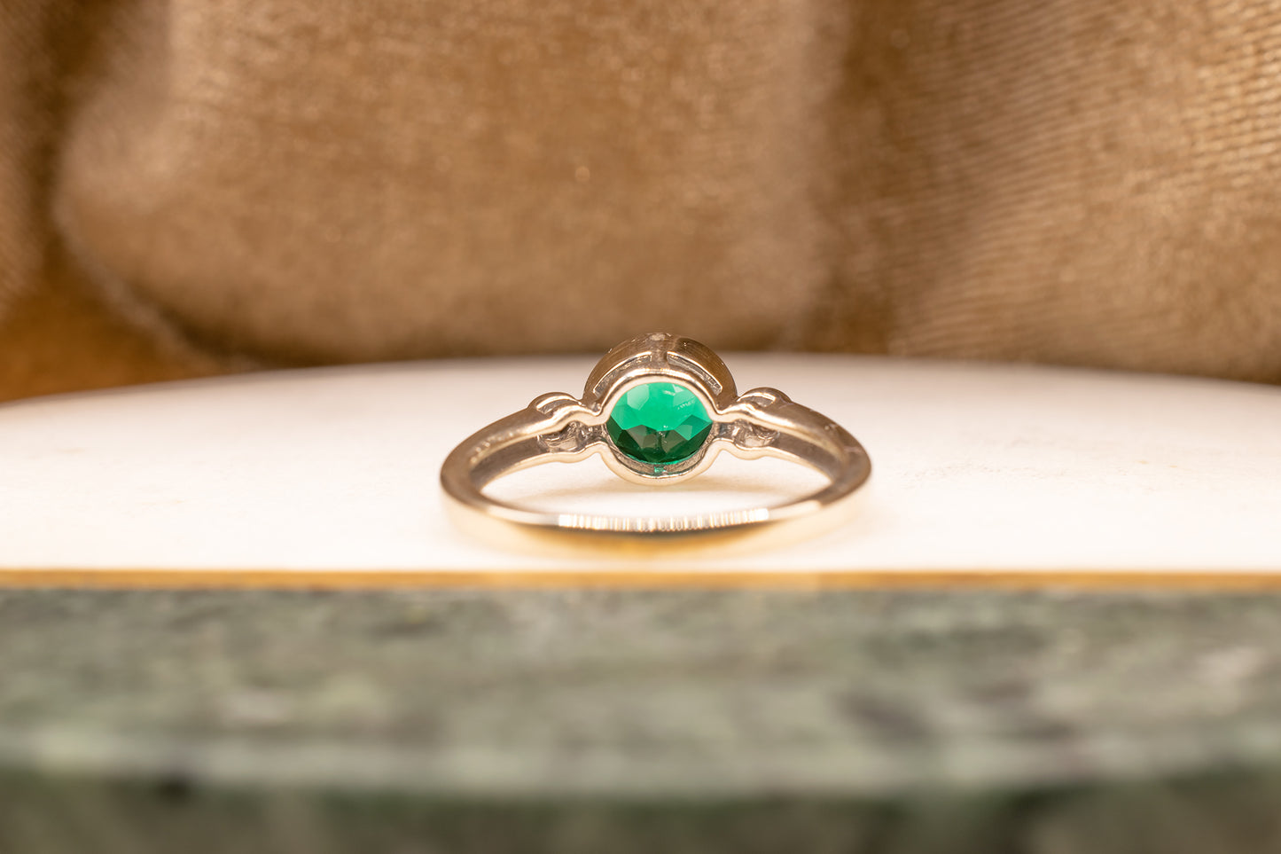 Estate 14k White Gold Bezel Set Round Lab Grown Emerald & Diamond Ring