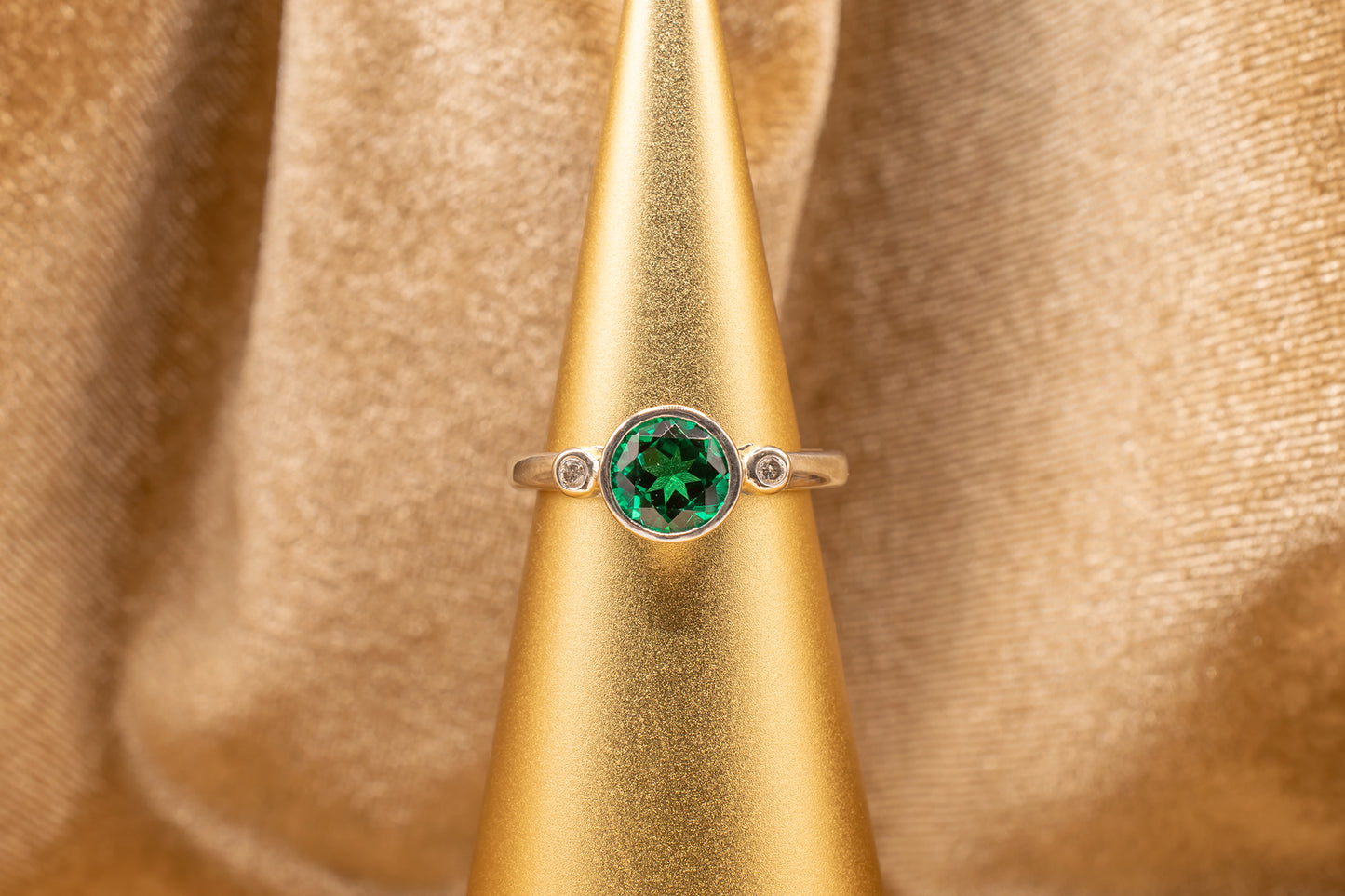 Estate 14k White Gold Bezel Set Round Lab Grown Emerald & Diamond Ring