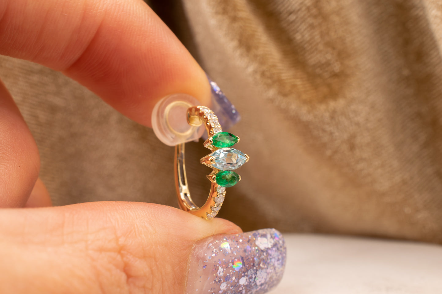 New Single 14k Yellow Gold Diamond, Marquise Shape Emerald & Blue Topaz Non-Pierced Ear Cuff