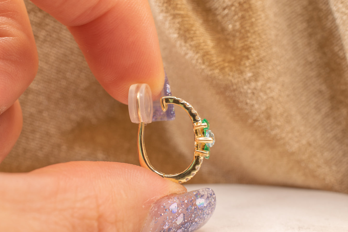 New Single 14k Yellow Gold Diamond, Marquise Shape Emerald & Blue Topaz Non-Pierced Ear Cuff