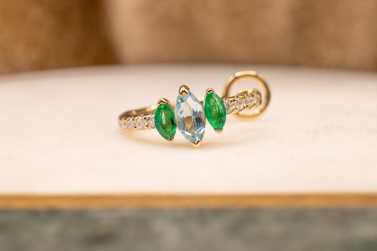 New Single 14k Yellow Gold Diamond, Marquise Shape Emerald & Blue Topaz Non-Pierced Ear Cuff