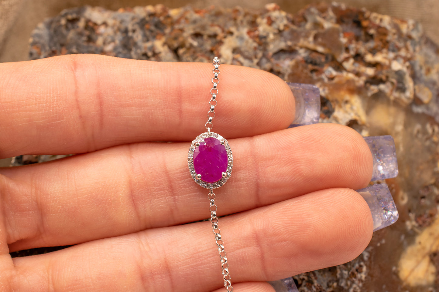 18k White Gold Diamond Halo Ruby Bracelet