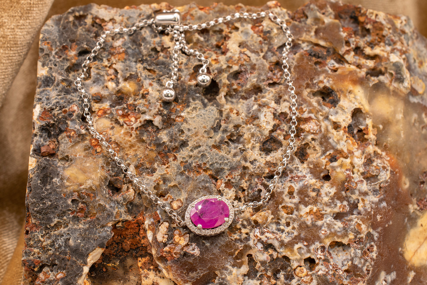 18k White Gold Diamond Halo Ruby Bracelet