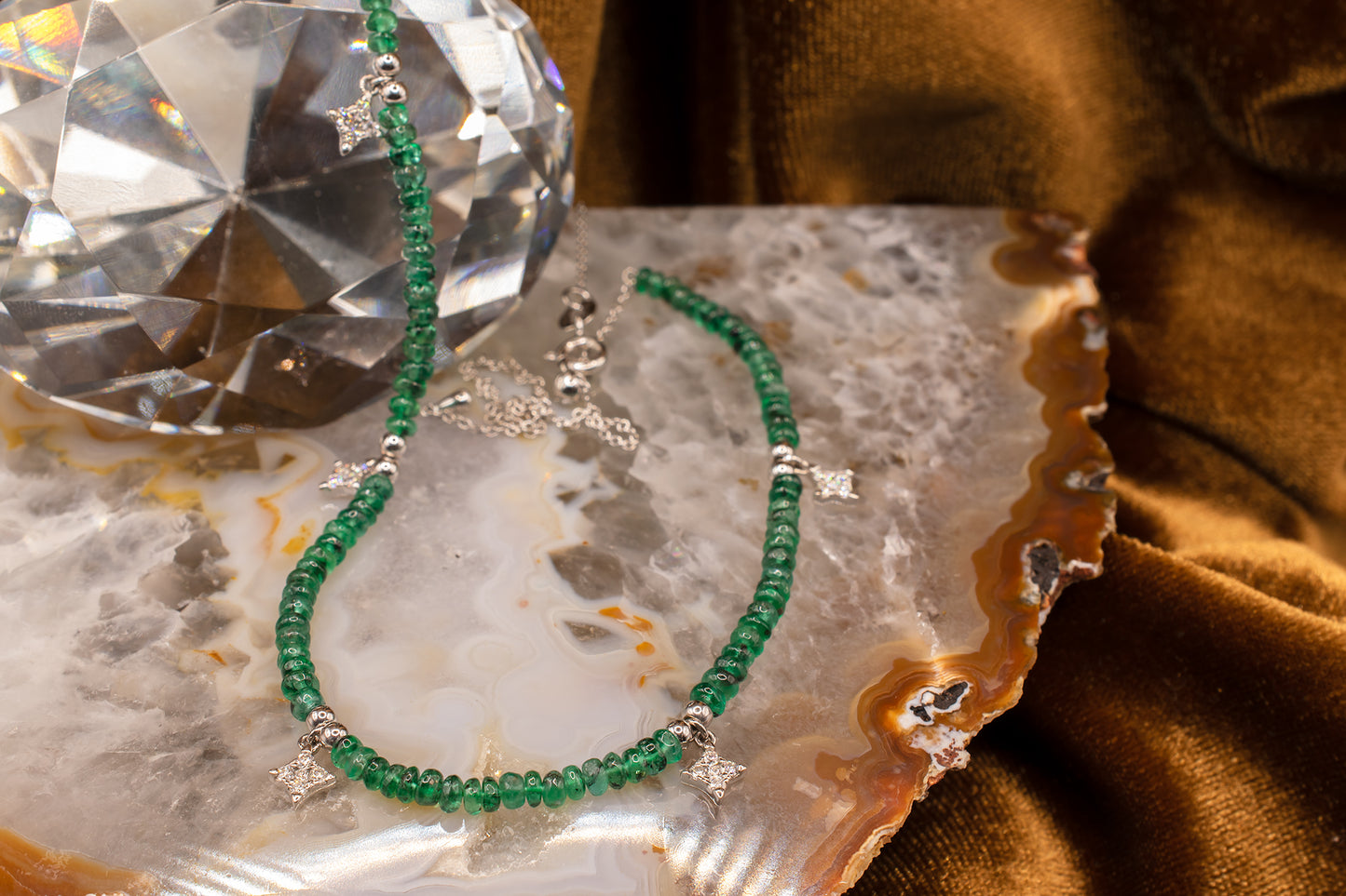 18k and 14k White Gold Beaded Emerald and Diamond Twinkling Star Station Necklace