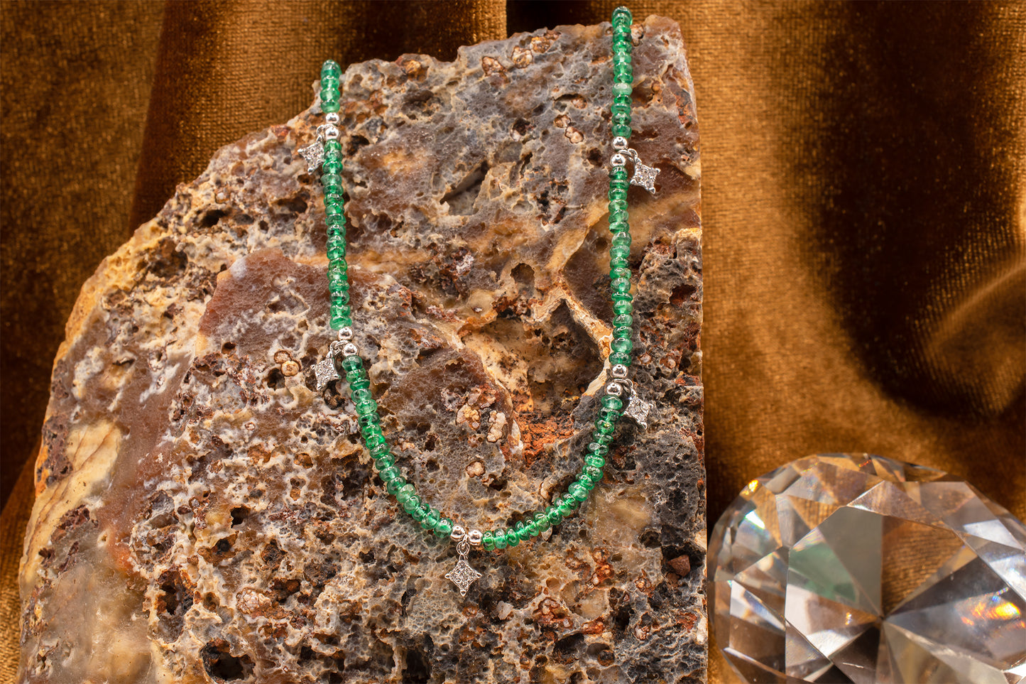 18k and 14k White Gold Beaded Emerald and Diamond Twinkling Star Station Necklace
