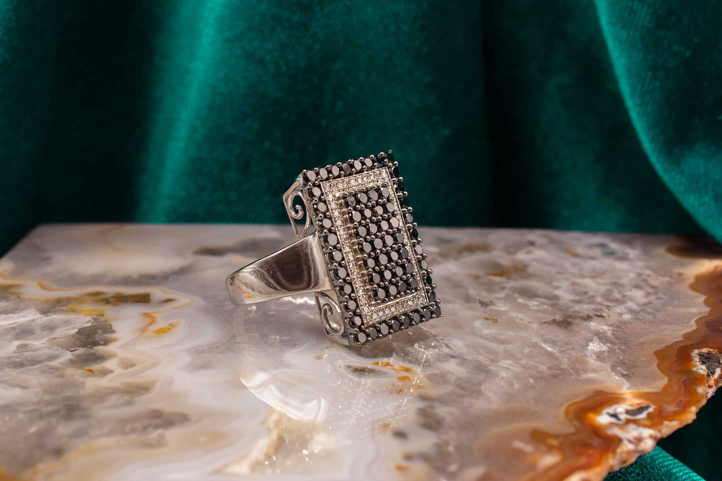 Vintage 14 Karat White Gold Ring With Round Brilliant Cut Black Diamonds and White Diamonds