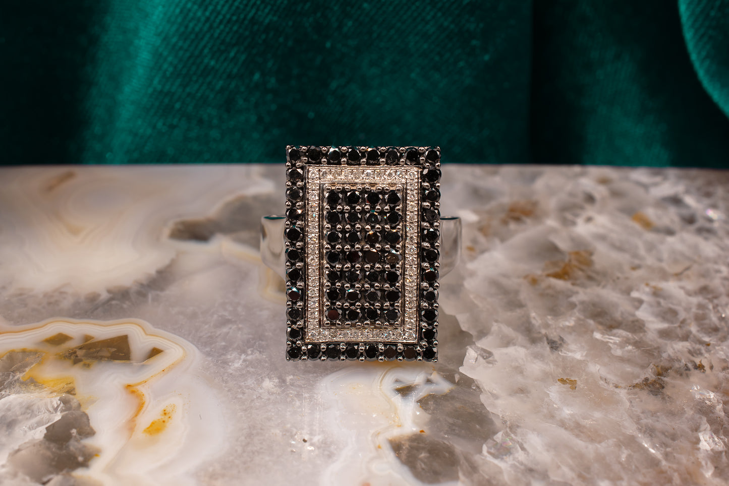 Vintage 14 Karat White Gold Ring With Round Brilliant Cut Black Diamonds and White Diamonds