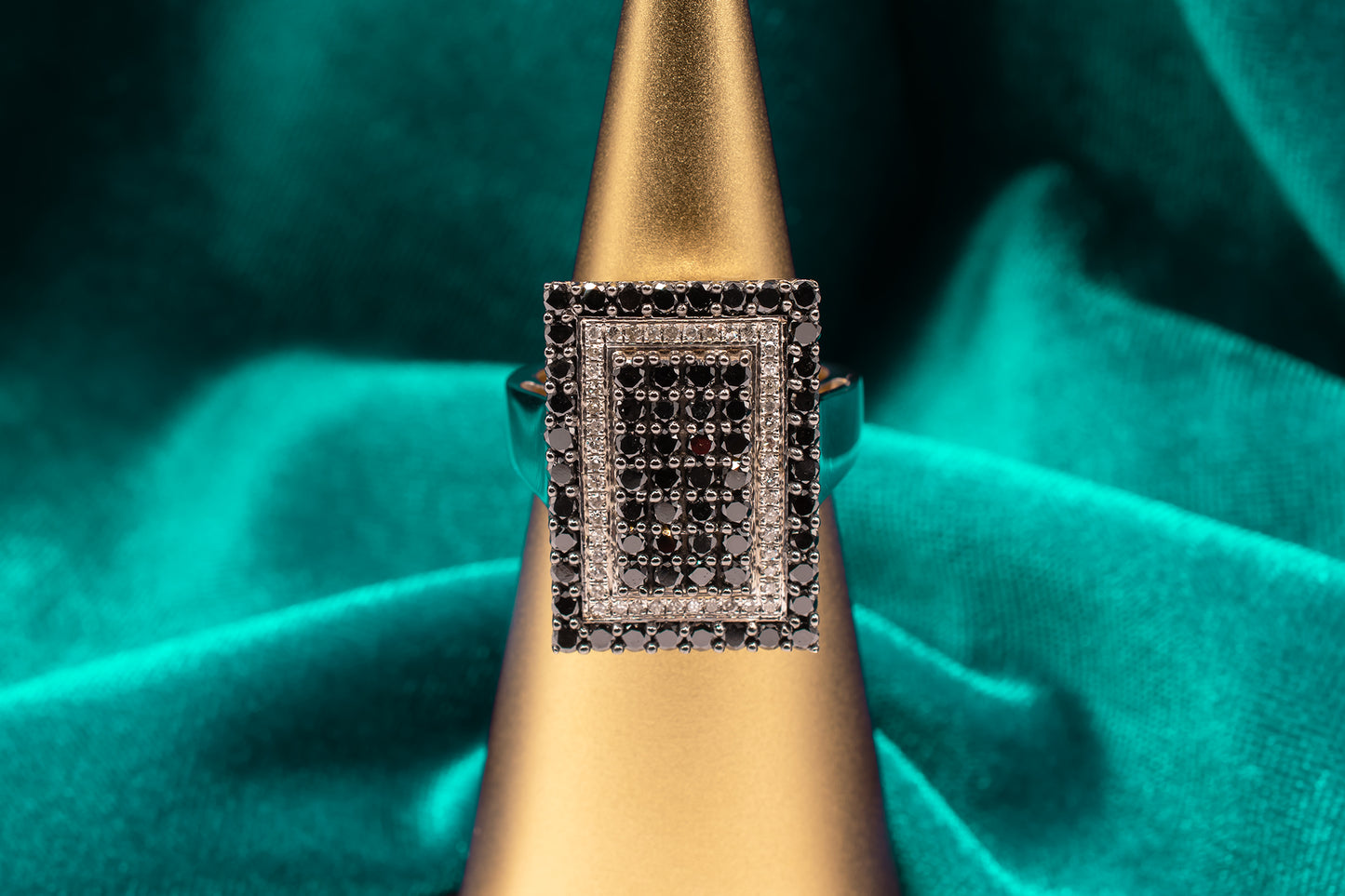 Vintage 14 Karat White Gold Ring With Round Brilliant Cut Black Diamonds and White Diamonds