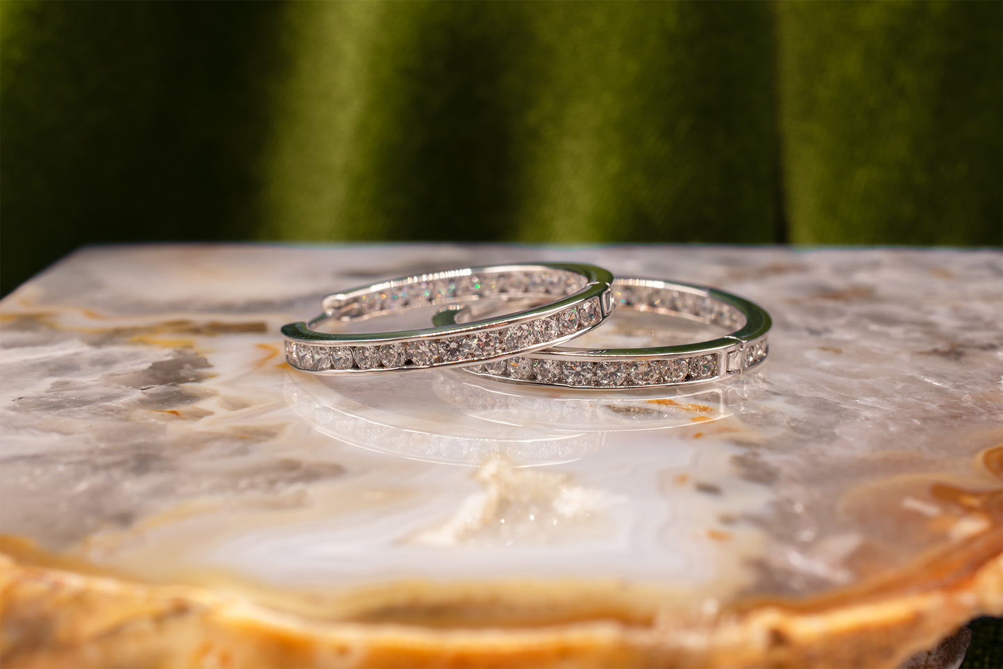 Estate Vintage 14k White Gold Channel Set CZ Inside Out Hoop Earrings 1 inch