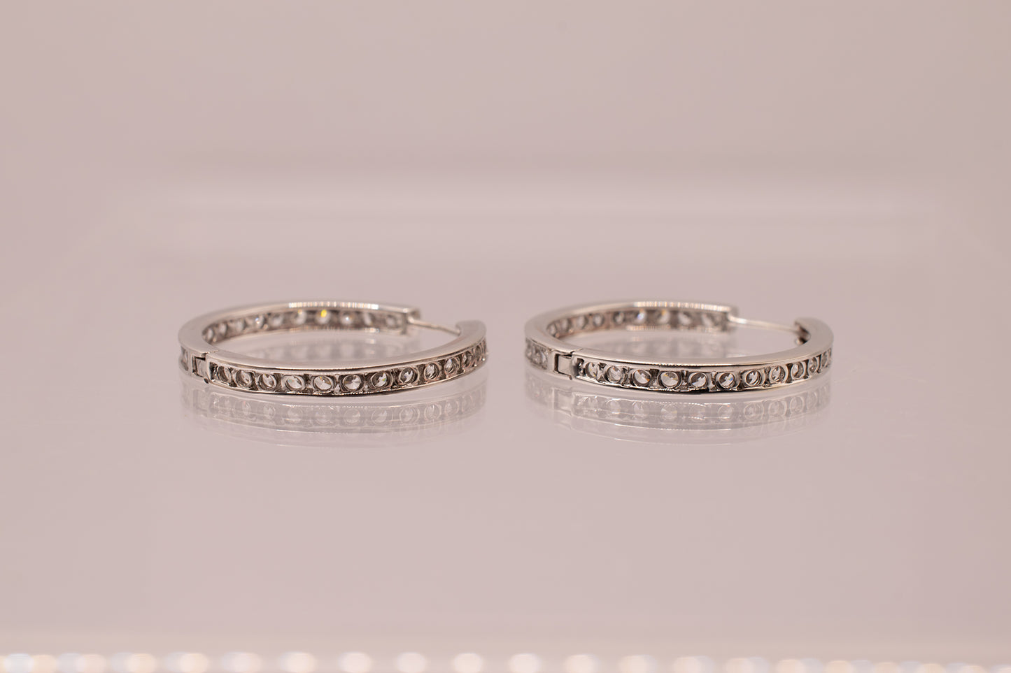 Estate Vintage 14k White Gold Channel Set CZ Inside Out Hoop Earrings 1 inch