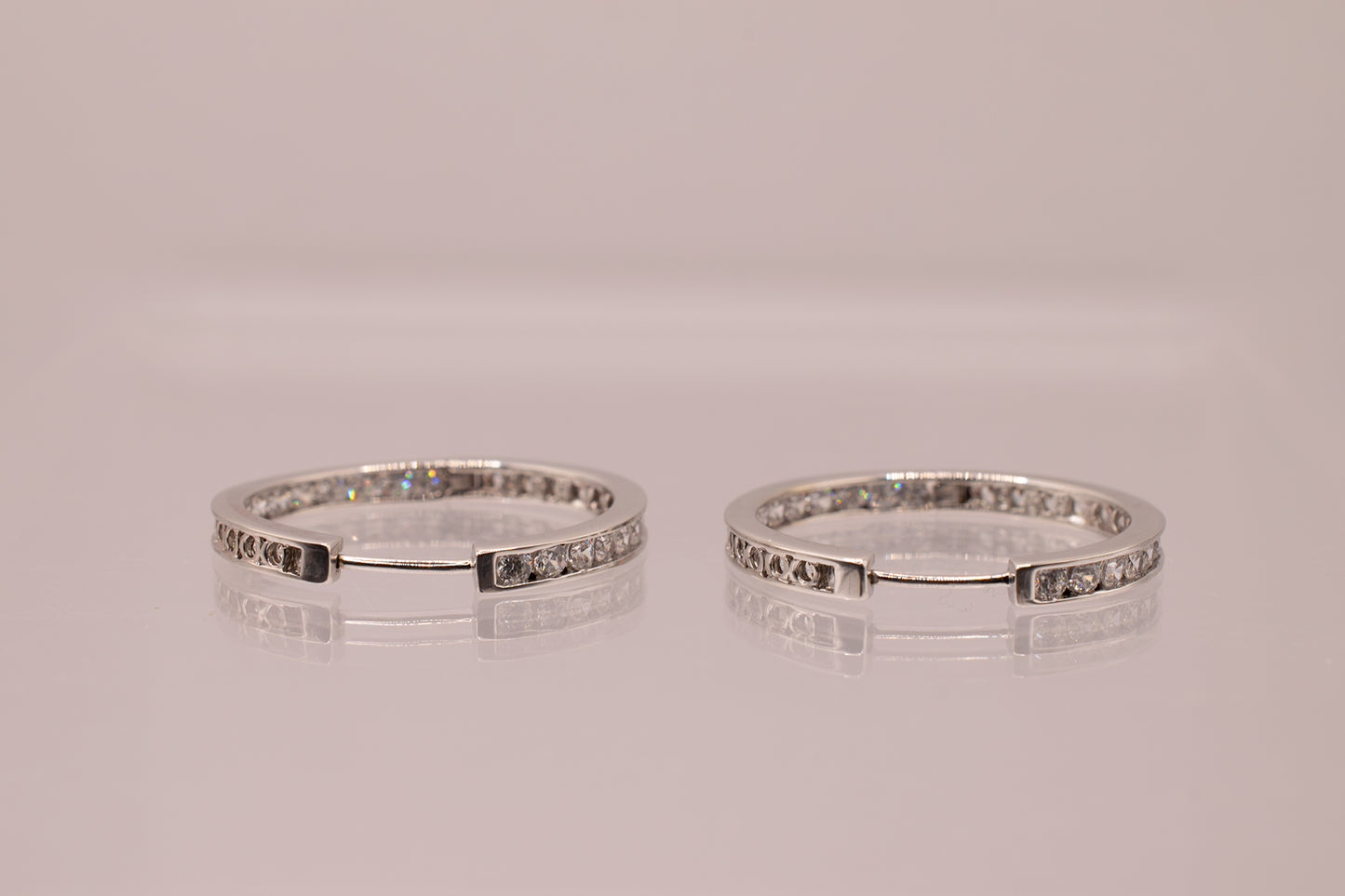 Estate Vintage 14k White Gold Channel Set CZ Inside Out Hoop Earrings 1 inch