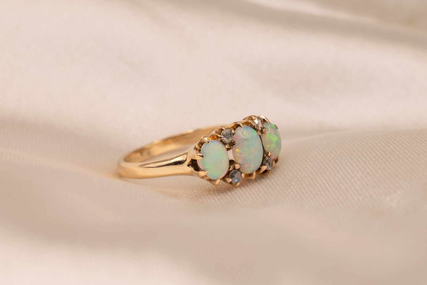 Antique Victorian Era 14k Yellow Gold Oval Shape Opal And Rose Cut Diamond Three Stone Ring Size 5 1/2