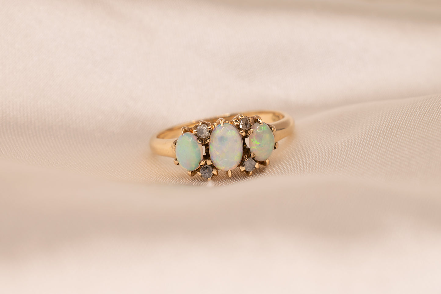 Antique Victorian Era 14k Yellow Gold Oval Shape Opal And Rose Cut Diamond Three Stone Ring Size 5 1/2