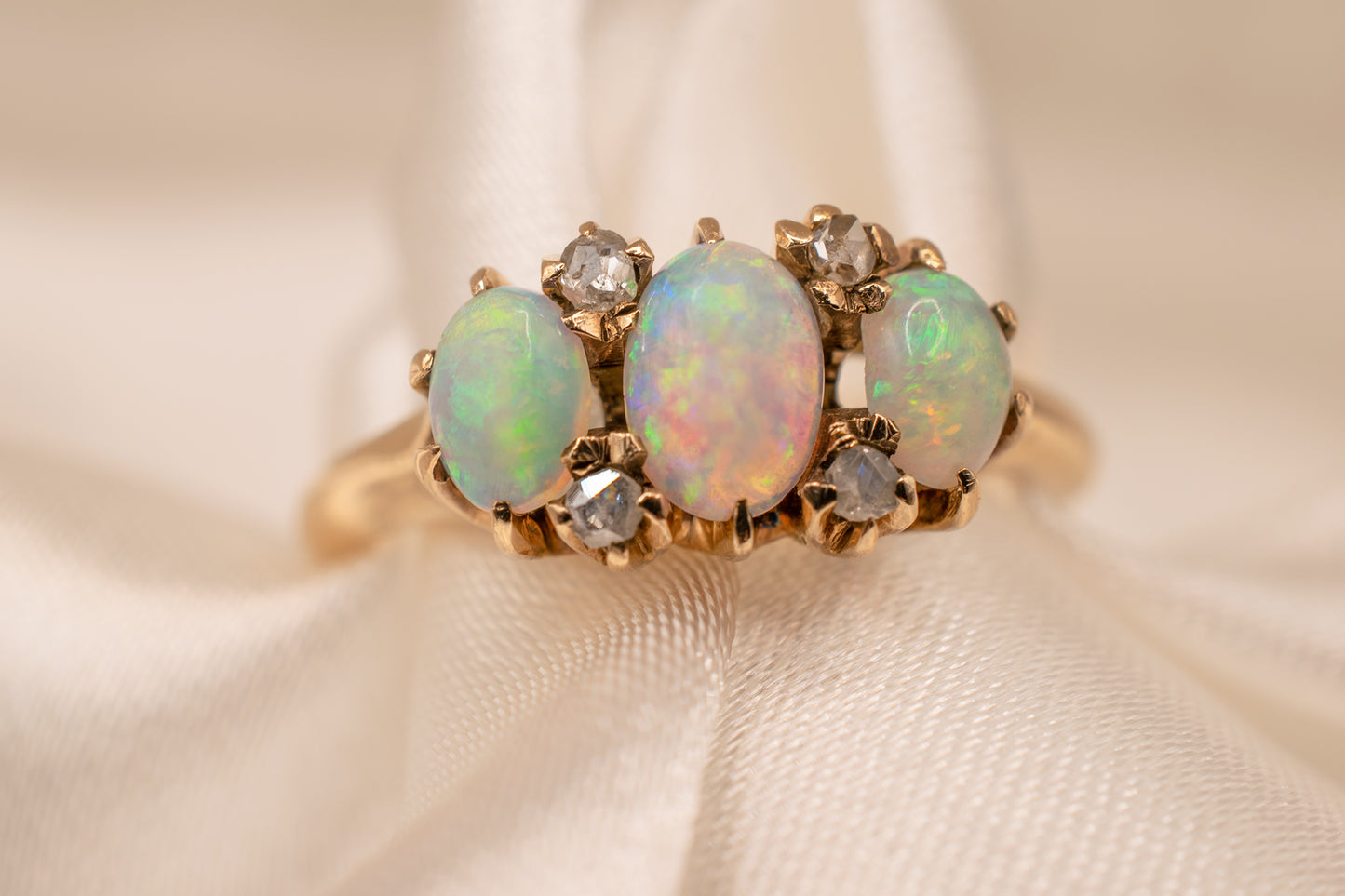 Antique Victorian Era 14k Yellow Gold Oval Shape Opal And Rose Cut Diamond Three Stone Ring Size 5 1/2