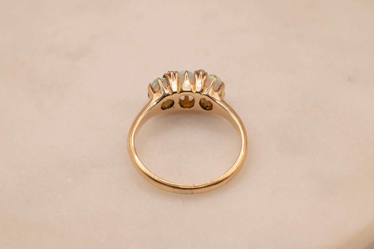 Antique Victorian Era 14k Yellow Gold Oval Shape Opal And Rose Cut Diamond Three Stone Ring Size 5 1/2