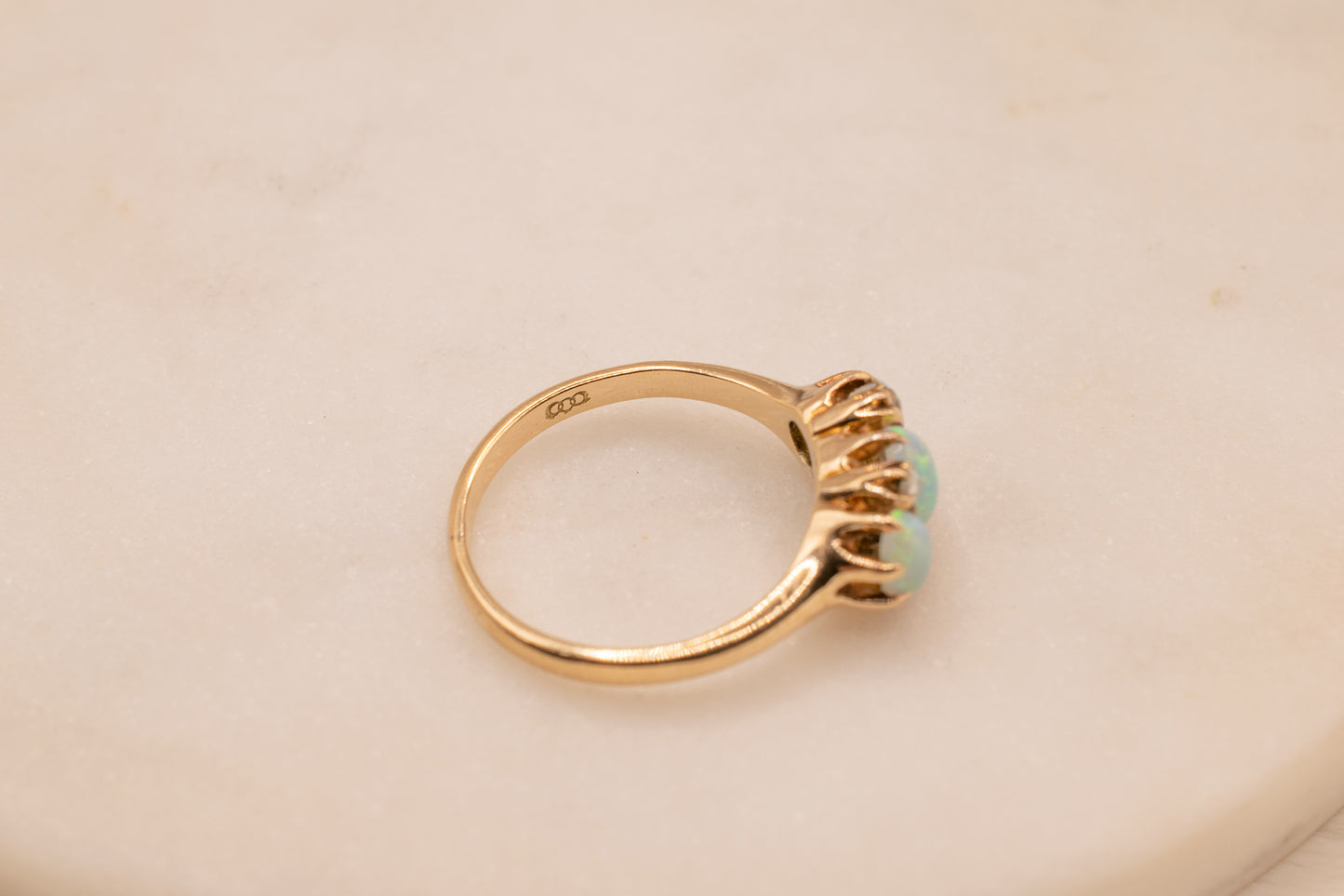 Antique Victorian Era 14k Yellow Gold Oval Shape Opal And Rose Cut Diamond Three Stone Ring Size 5 1/2