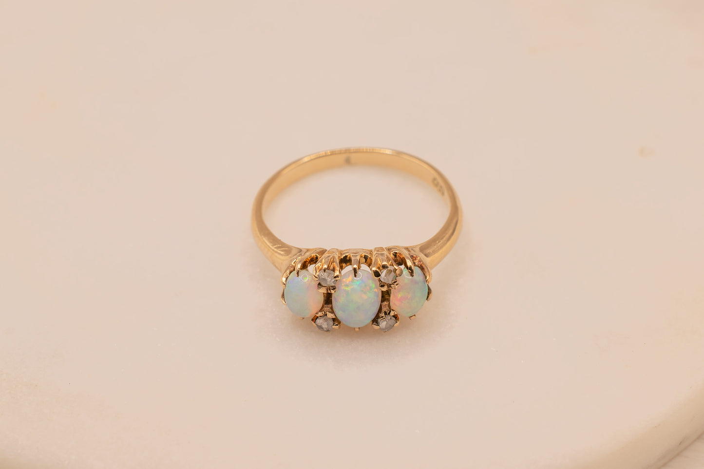 Antique Victorian Era 14k Yellow Gold Oval Shape Opal And Rose Cut Diamond Three Stone Ring Size 5 1/2
