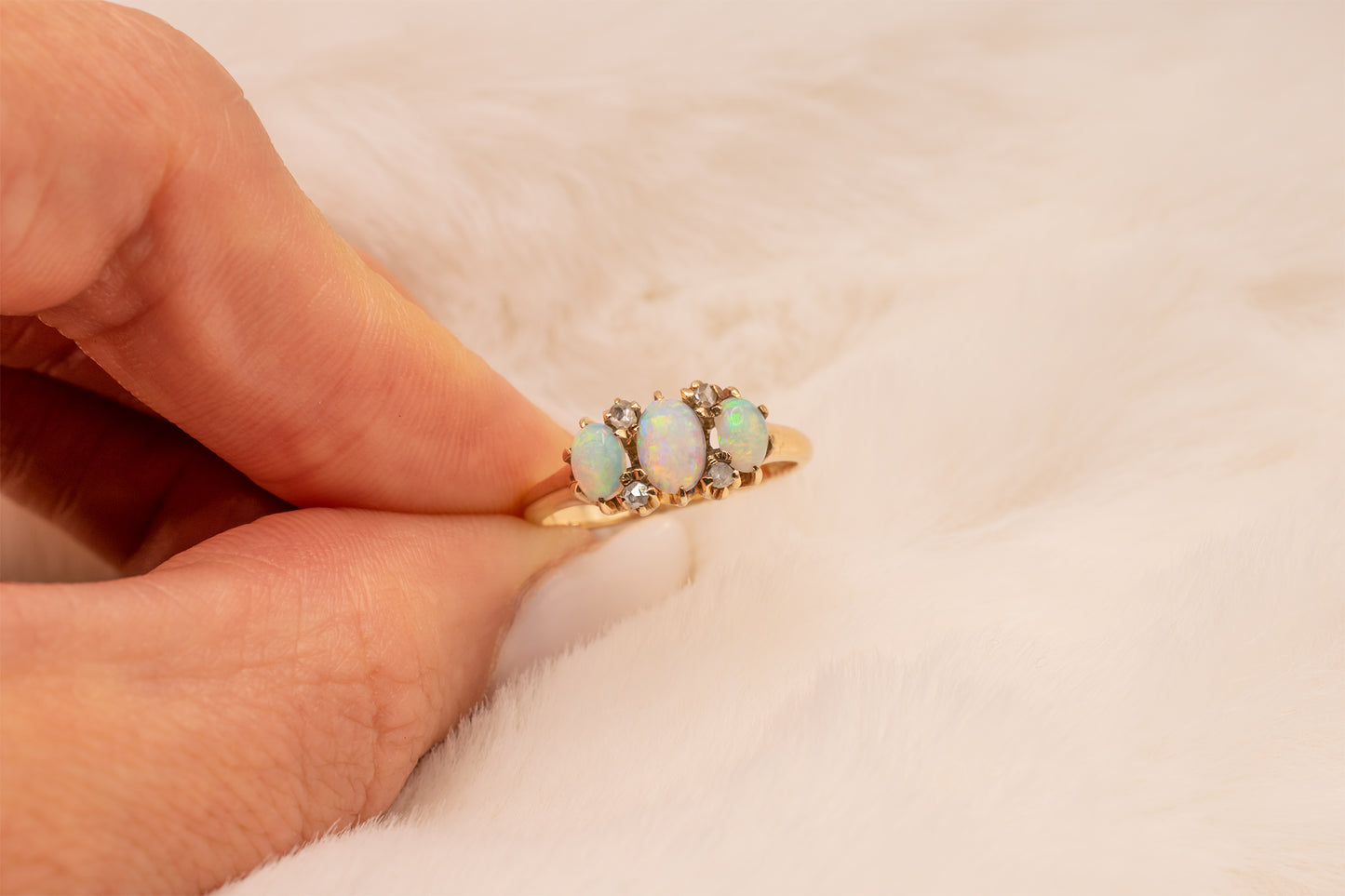 Antique Victorian Era 14k Yellow Gold Oval Shape Opal And Rose Cut Diamond Three Stone Ring Size 5 1/2