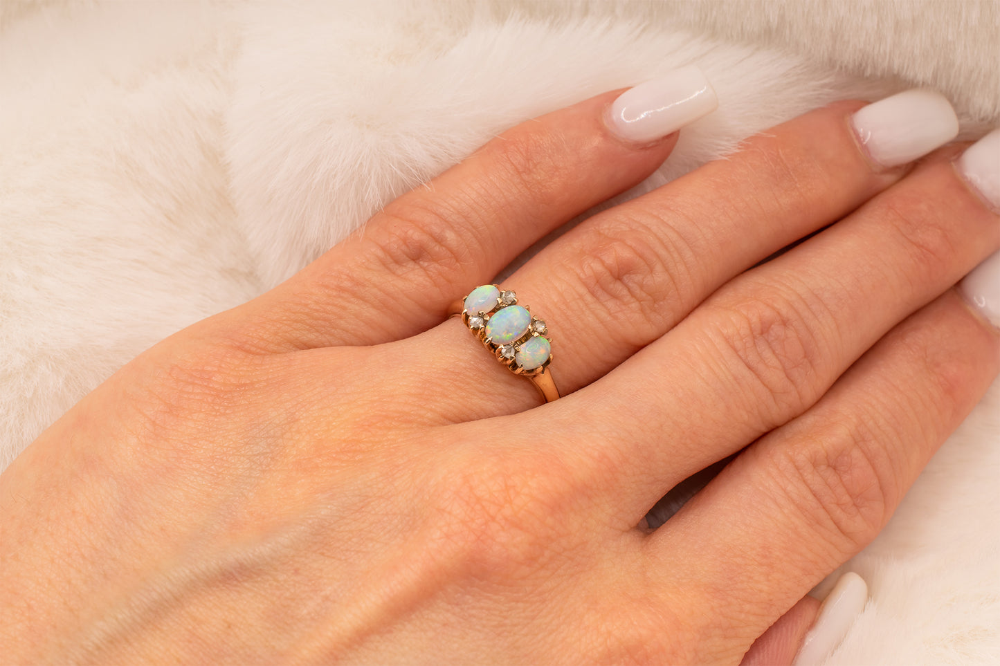 Antique Victorian Era 14k Yellow Gold Oval Shape Opal And Rose Cut Diamond Three Stone Ring Size 5 1/2