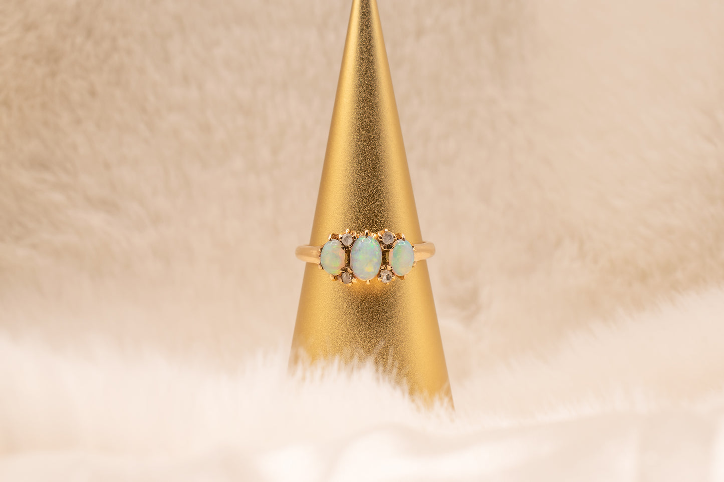 Antique Victorian Era 14k Yellow Gold Oval Shape Opal And Rose Cut Diamond Three Stone Ring Size 5 1/2