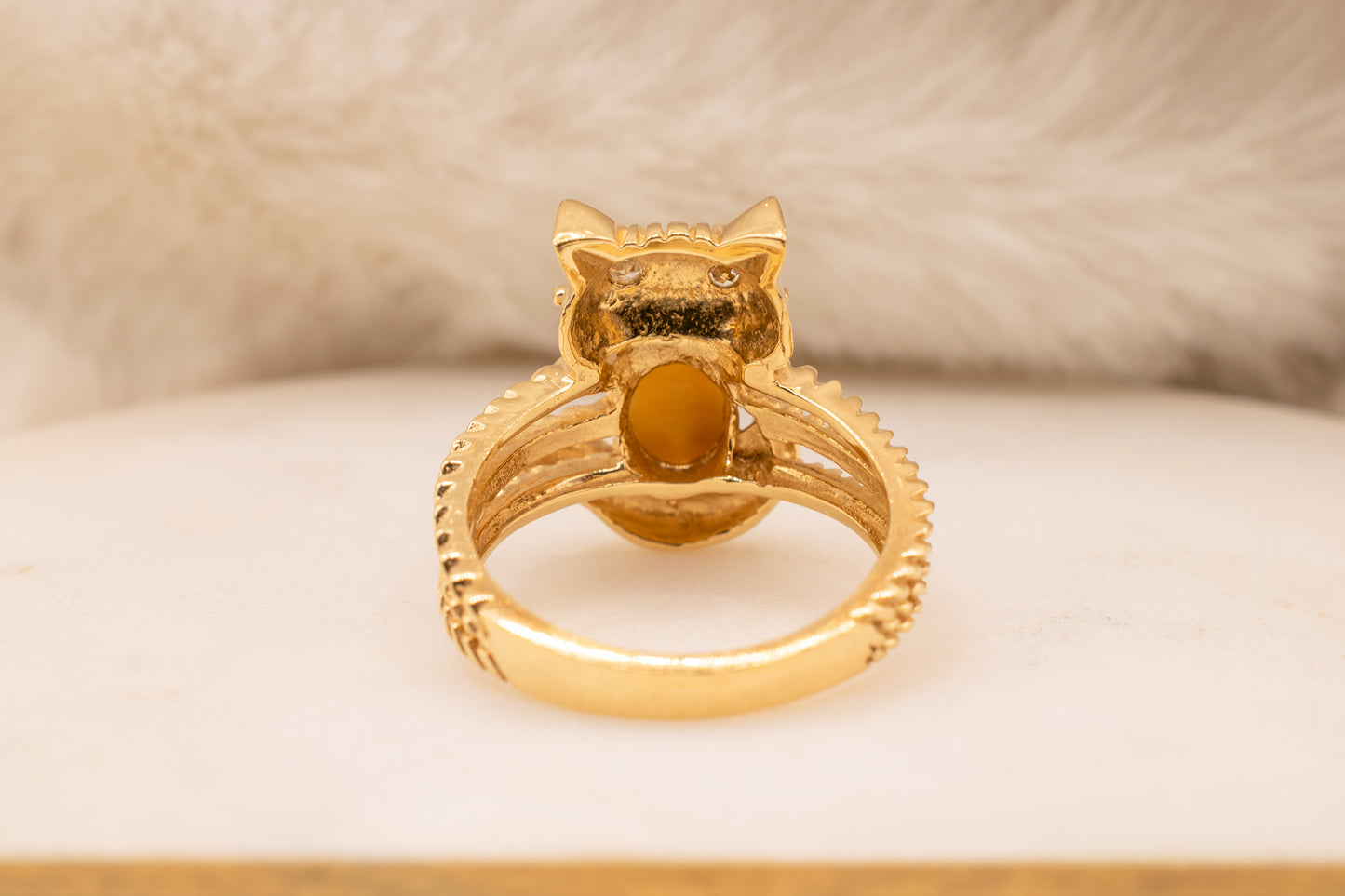 Vintage 14k Yellow Gold Tiger's Eye Quartz & Diamond Kitty Cat Rope Detail Ring