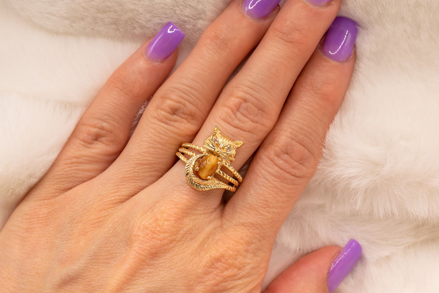 Vintage 14k Yellow Gold Tiger's Eye Quartz & Diamond Kitty Cat Rope Detail Ring