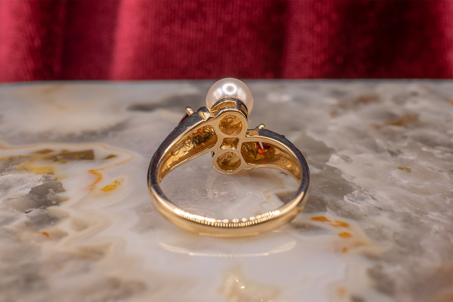 Vintage 14 Karat Yellow Gold Cultured Pearl & Reddish Orange Garnet Bypass Statement Ring Size 7