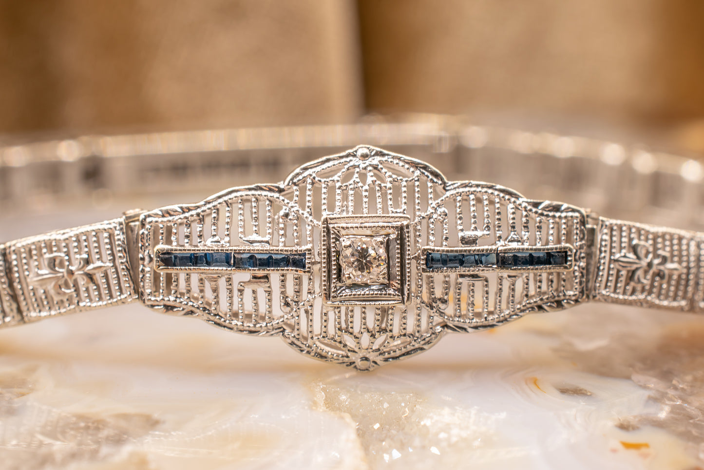Vintage Art Deco Esemco14k White Gold Diamond & Blue Gemstone Fleur De Lis Milgrain Detail Bracelet