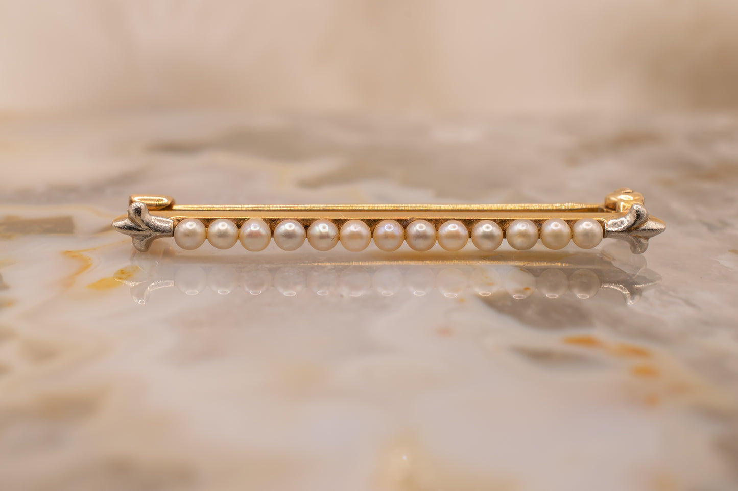 Vintage 14k Yellow Gold Seed Pearl Pin with White Gold Motif