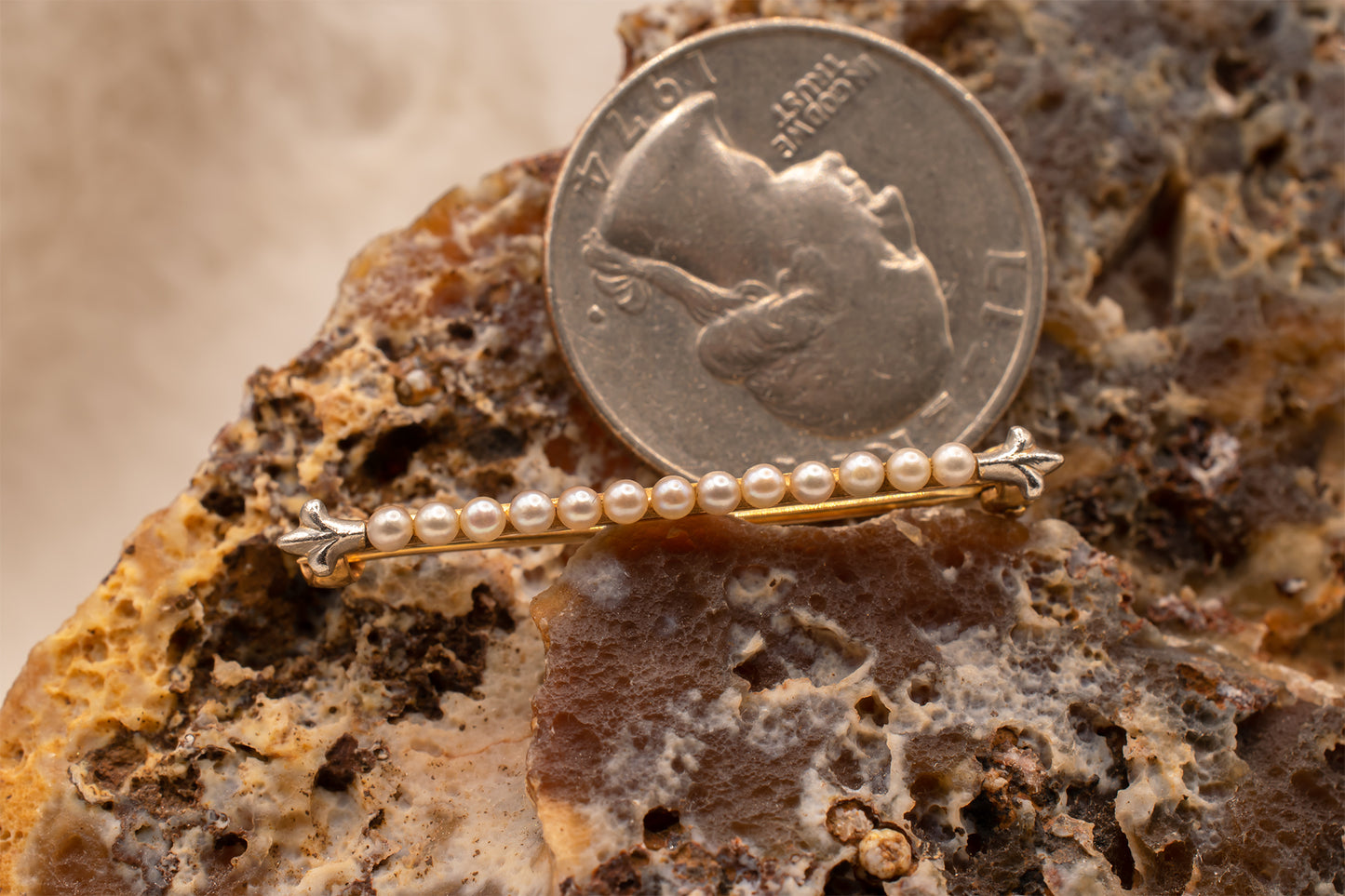 Vintage 14k Yellow Gold Seed Pearl Pin with White Gold Motif