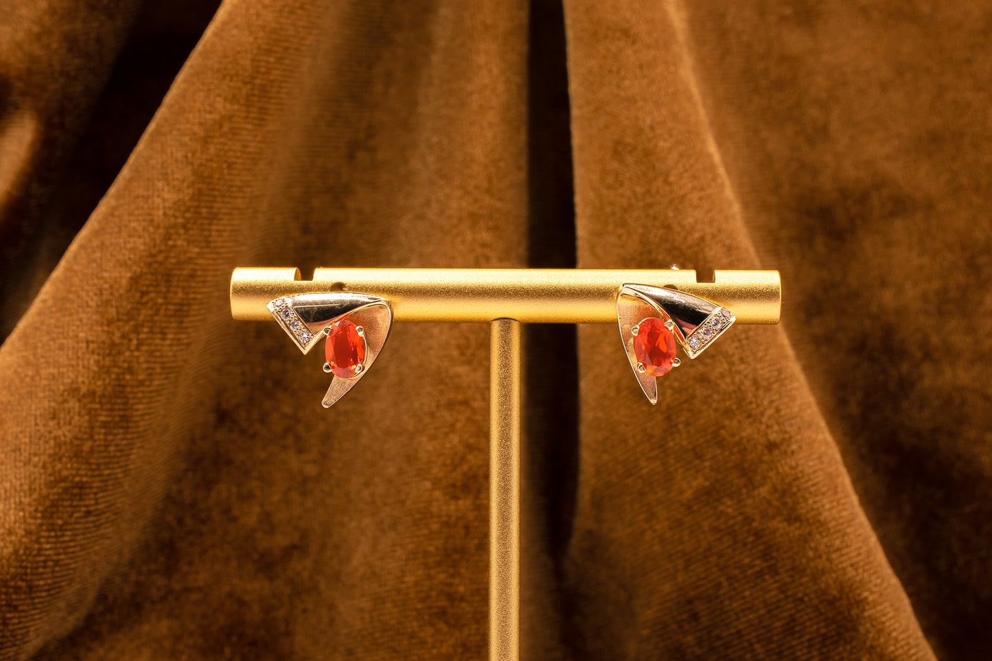 Retro Style Vintage 14k Yellow Gold Diamond and Oval Shaped Mexican Opal Boomerang Earring
