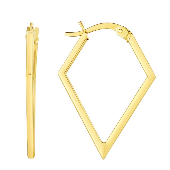 Minimalist 14 Karat Yellow Gold Diamond Shape Geometric High Polish Hoop Earrings 1.11 Inch Length
