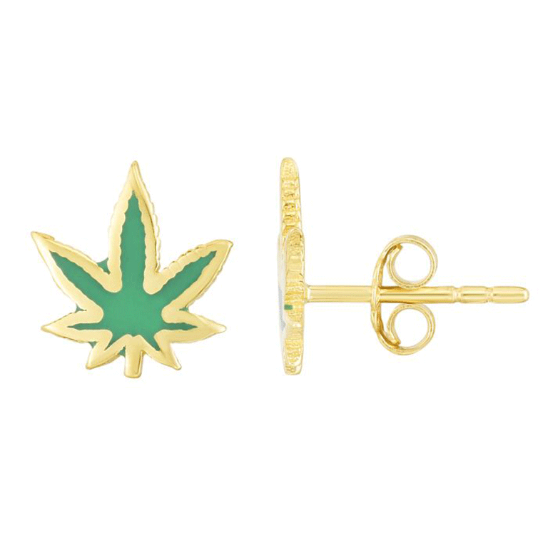 14 Karat Yellow Gold Hemp Leaf Enamel Stud Earrings Funny Gift Idea