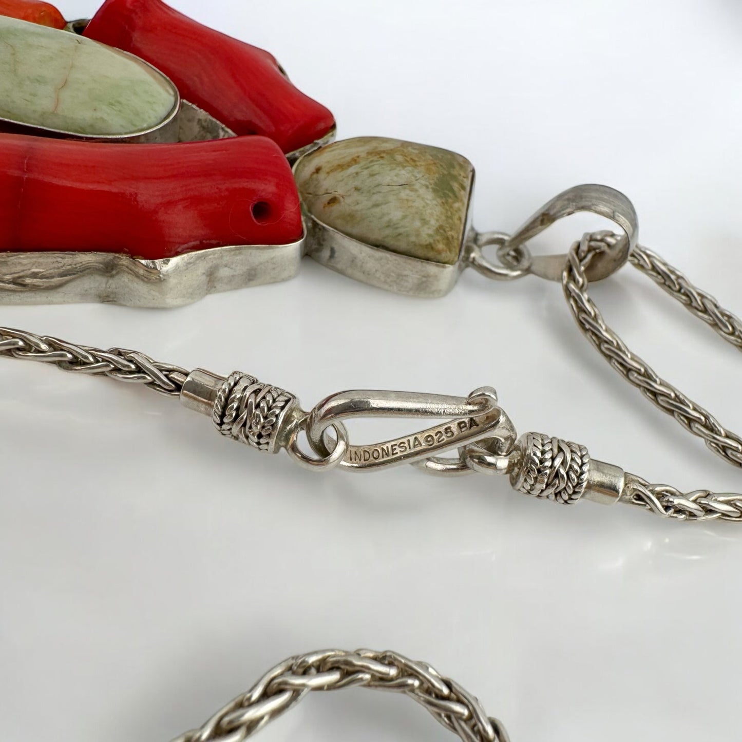 Vintage Sterling Silver Red Coral & Green Agate Handmade Pendant on 18" 2.4 mm Silver Wheat Chain, Artisan Summer Coastal Charm Jewelry