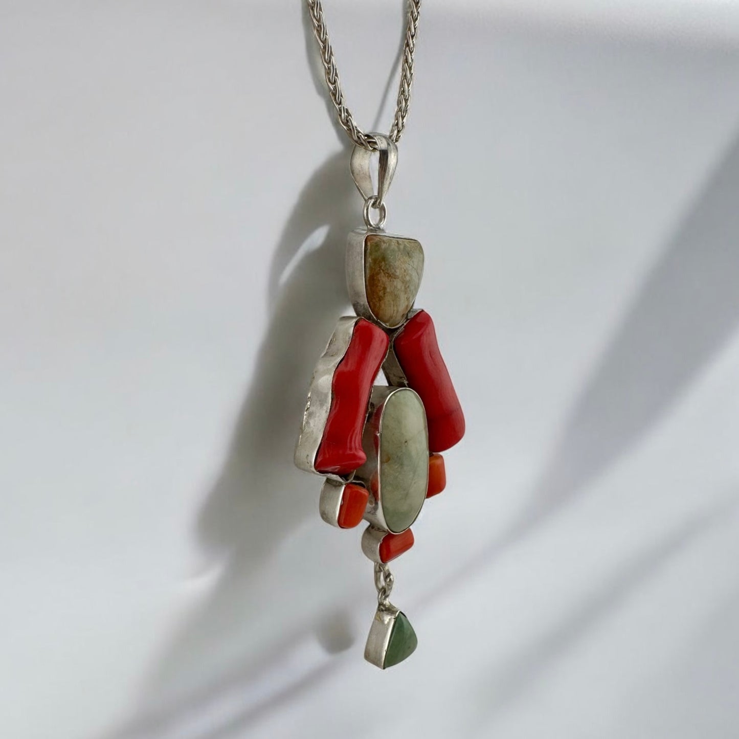 Vintage Sterling Silver Red Coral & Green Agate Handmade Pendant on 18" 2.4 mm Silver Wheat Chain, Artisan Summer Coastal Charm Jewelry