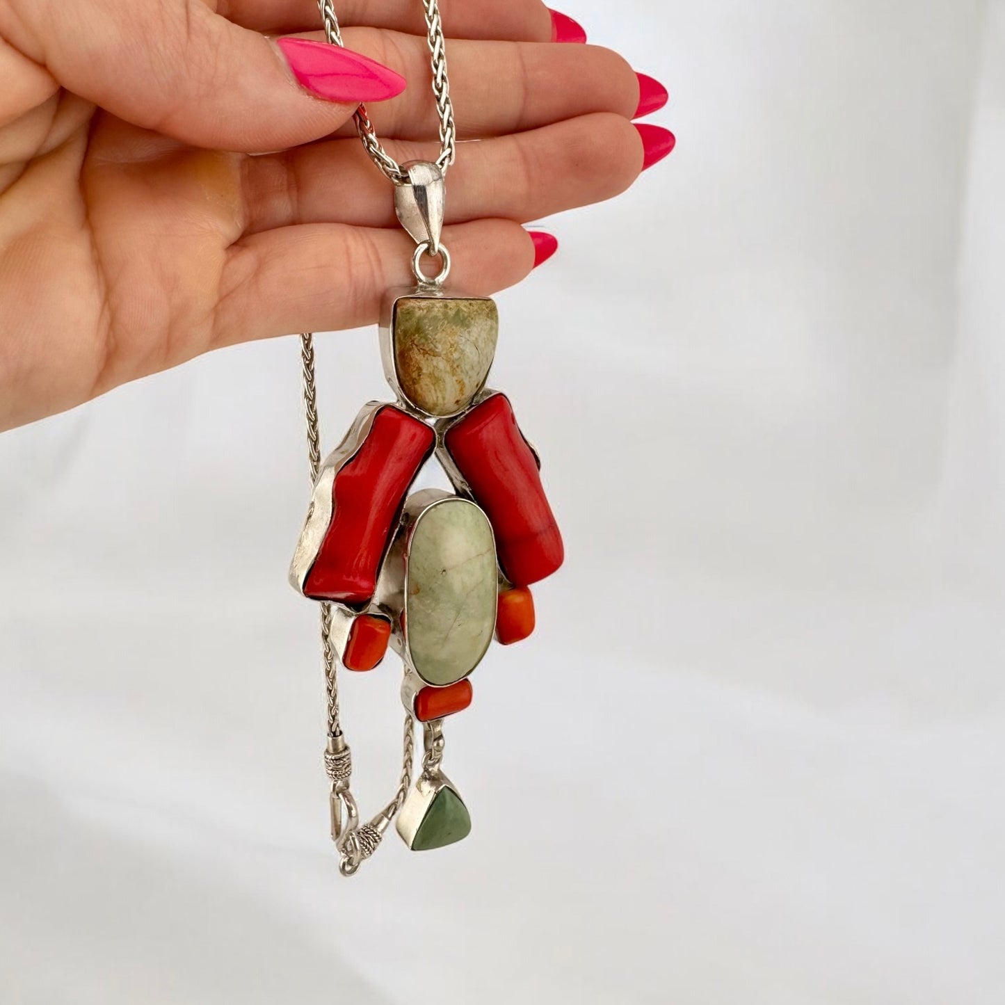 Vintage Sterling Silver Red Coral & Green Agate Handmade Pendant on 18" 2.4 mm Silver Wheat Chain, Artisan Summer Coastal Charm Jewelry