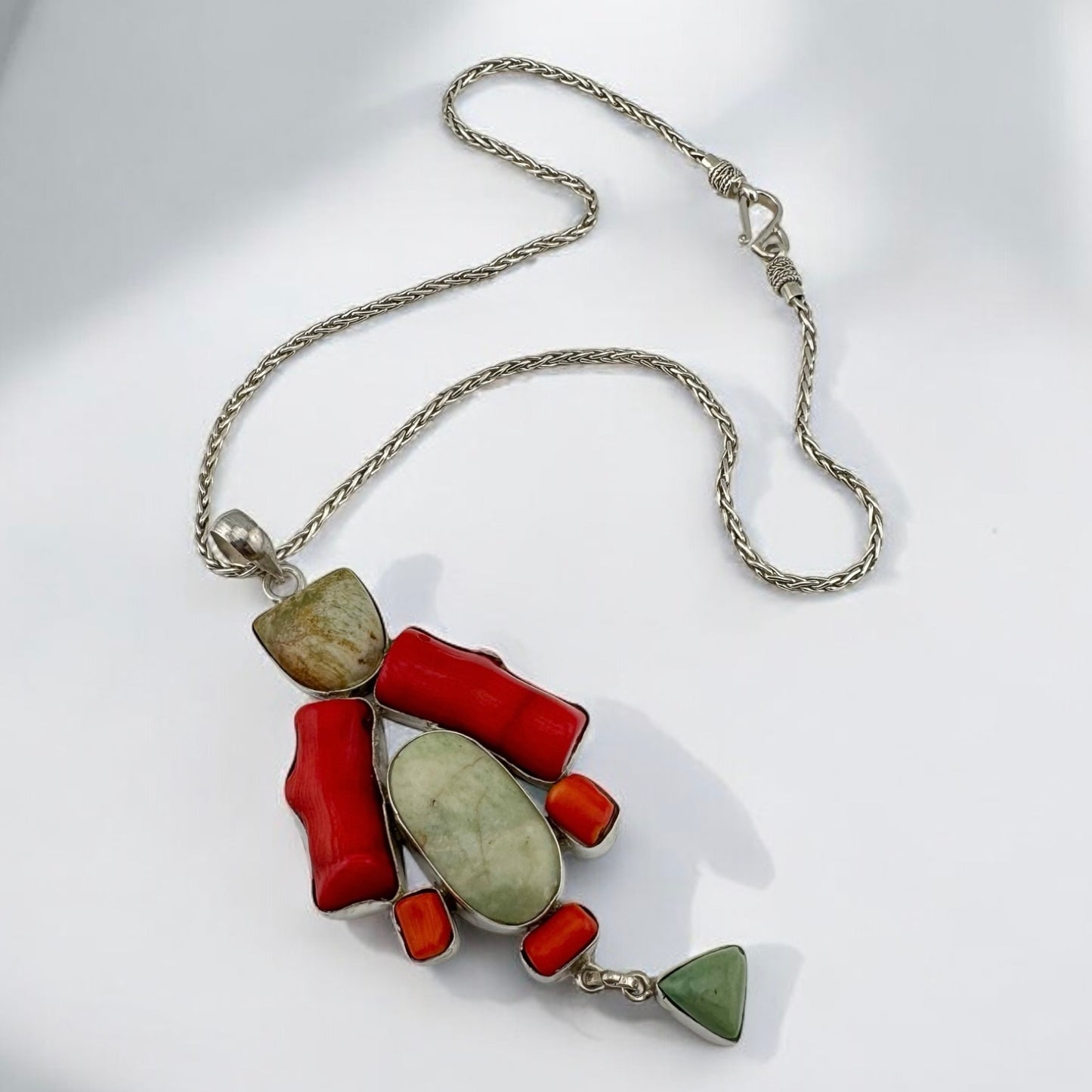 Vintage Sterling Silver Red Coral & Green Agate Handmade Pendant on 18" 2.4 mm Silver Wheat Chain, Artisan Summer Coastal Charm Jewelry