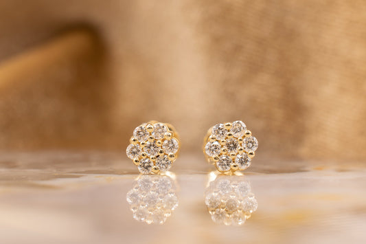 14k Yellow Gold Diamond Flower Cluster Stud Earrings