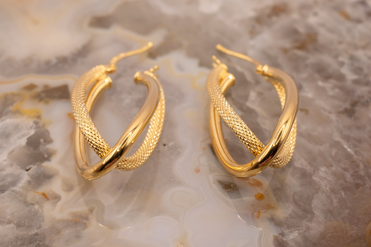 Vintage Estate 14k Yellow Gold Diamond Cut and Polished Finish Drop Twisted Hoop Latch Back Earrings