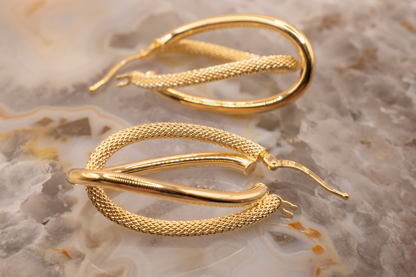 Vintage Estate 14k Yellow Gold Diamond Cut and Polished Finish Drop Twisted Hoop Latch Back Earrings