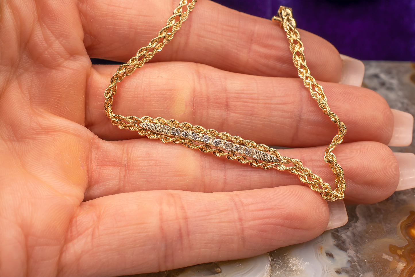 Vintage 14k Yellow Gold Diamond Double Strand Rope Bracelet 6 Inches