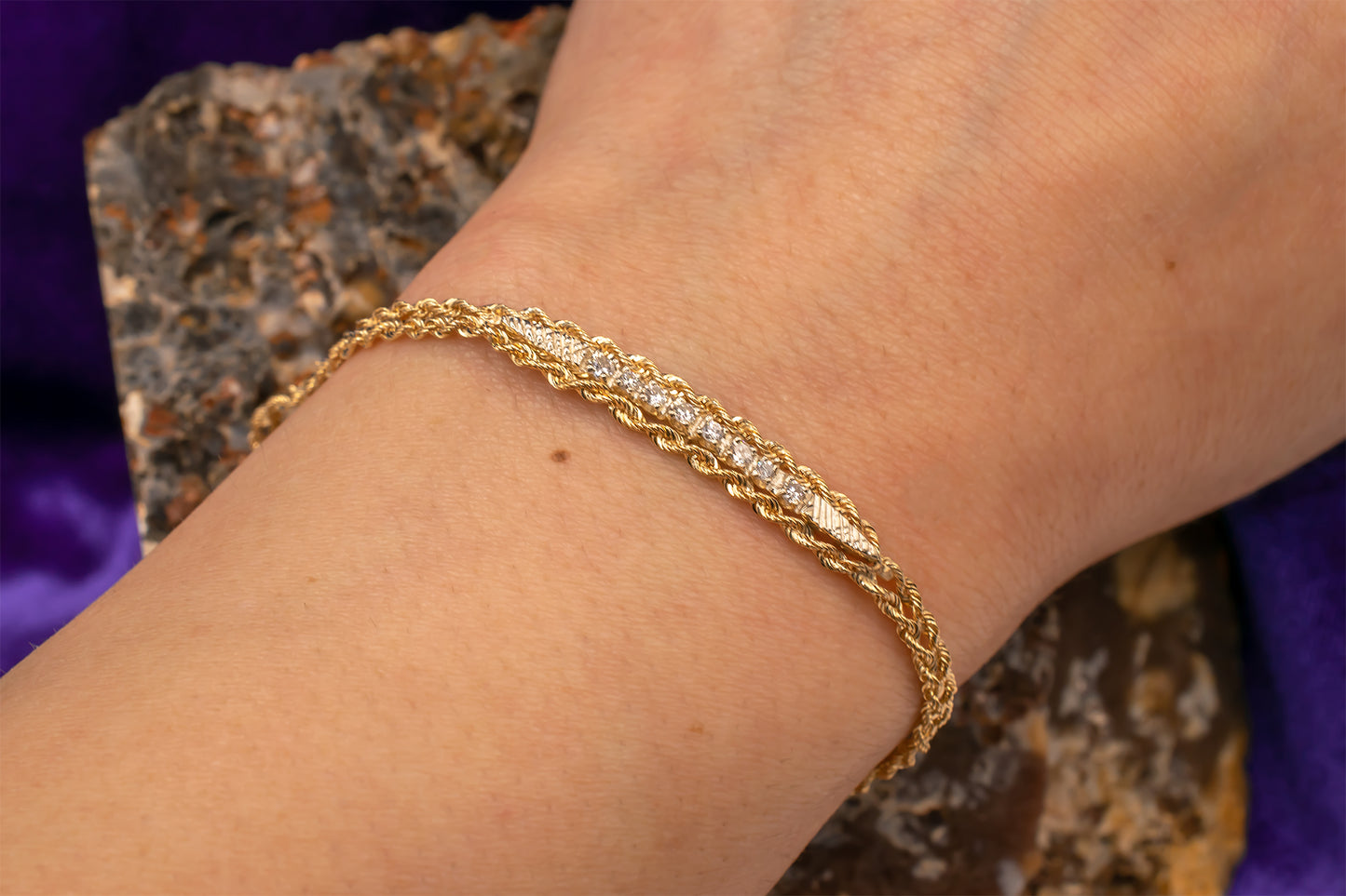 Vintage 14k Yellow Gold Diamond Double Strand Rope Bracelet 6 Inches