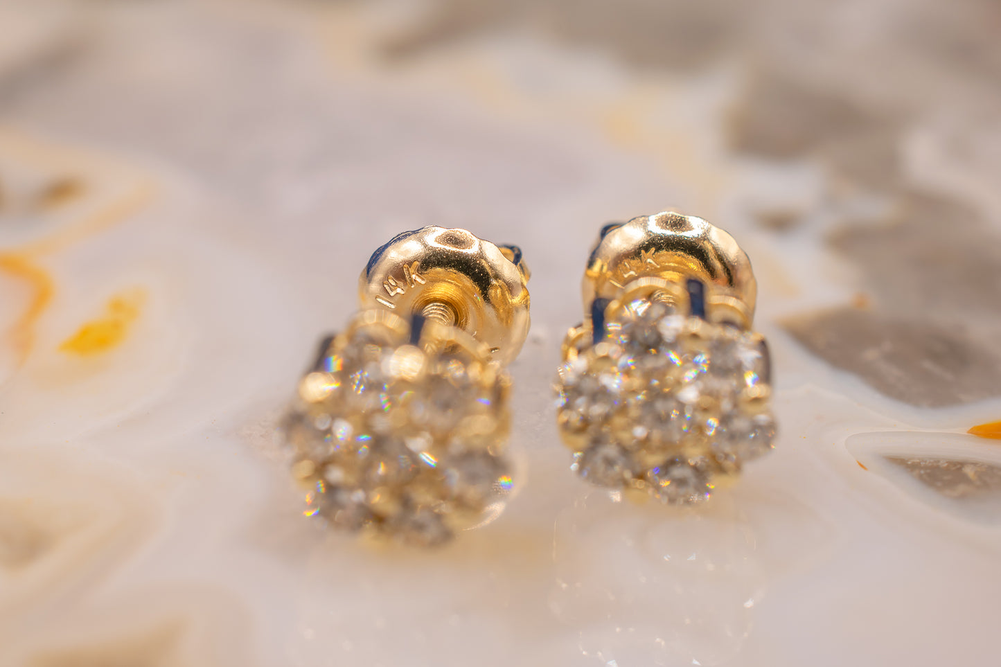 14K Yellow Gold Diamond Flower Cluster Screw Back Stud Earrings