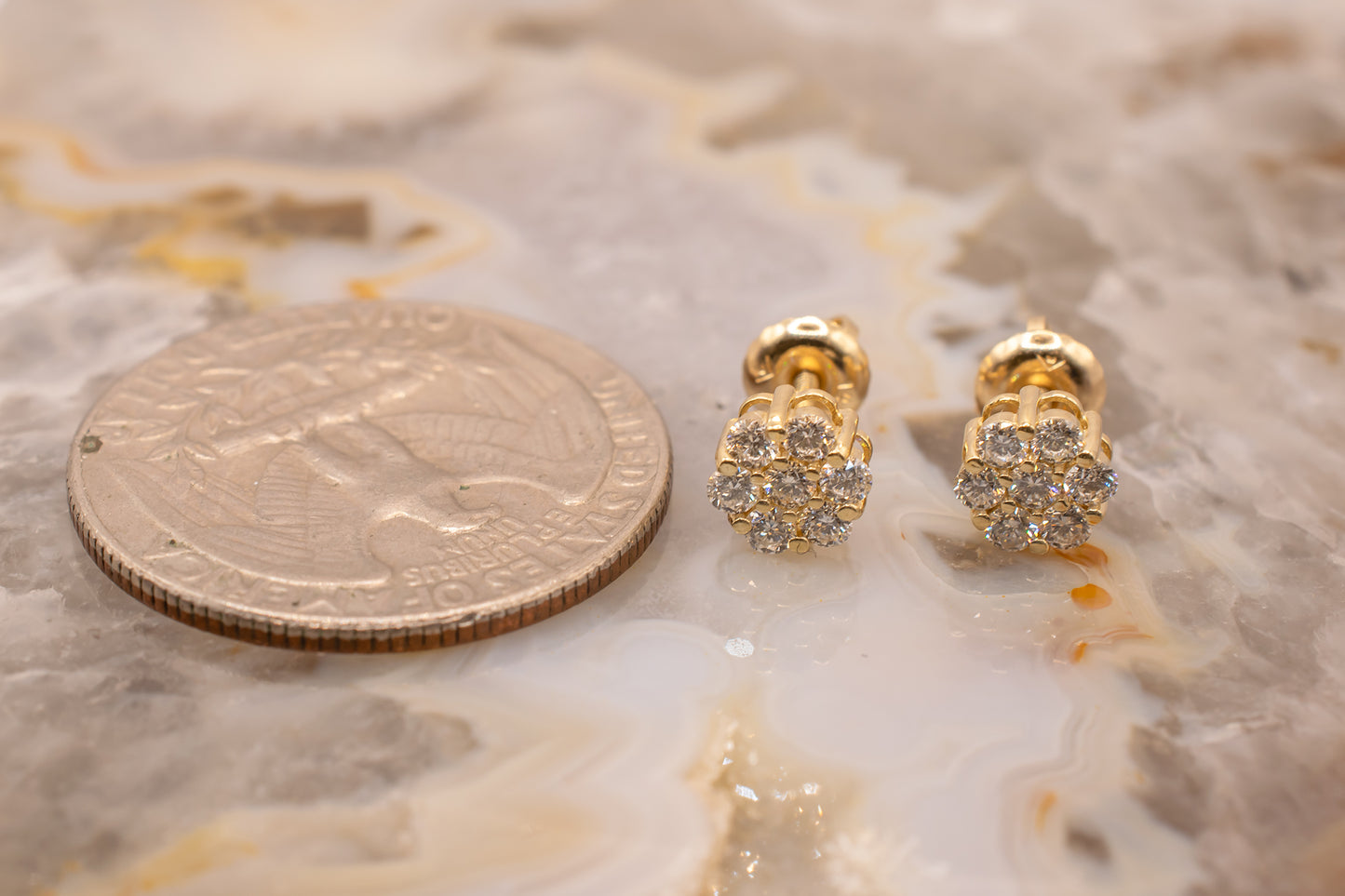 14K Yellow Gold Diamond Flower Cluster Screw Back Stud Earrings