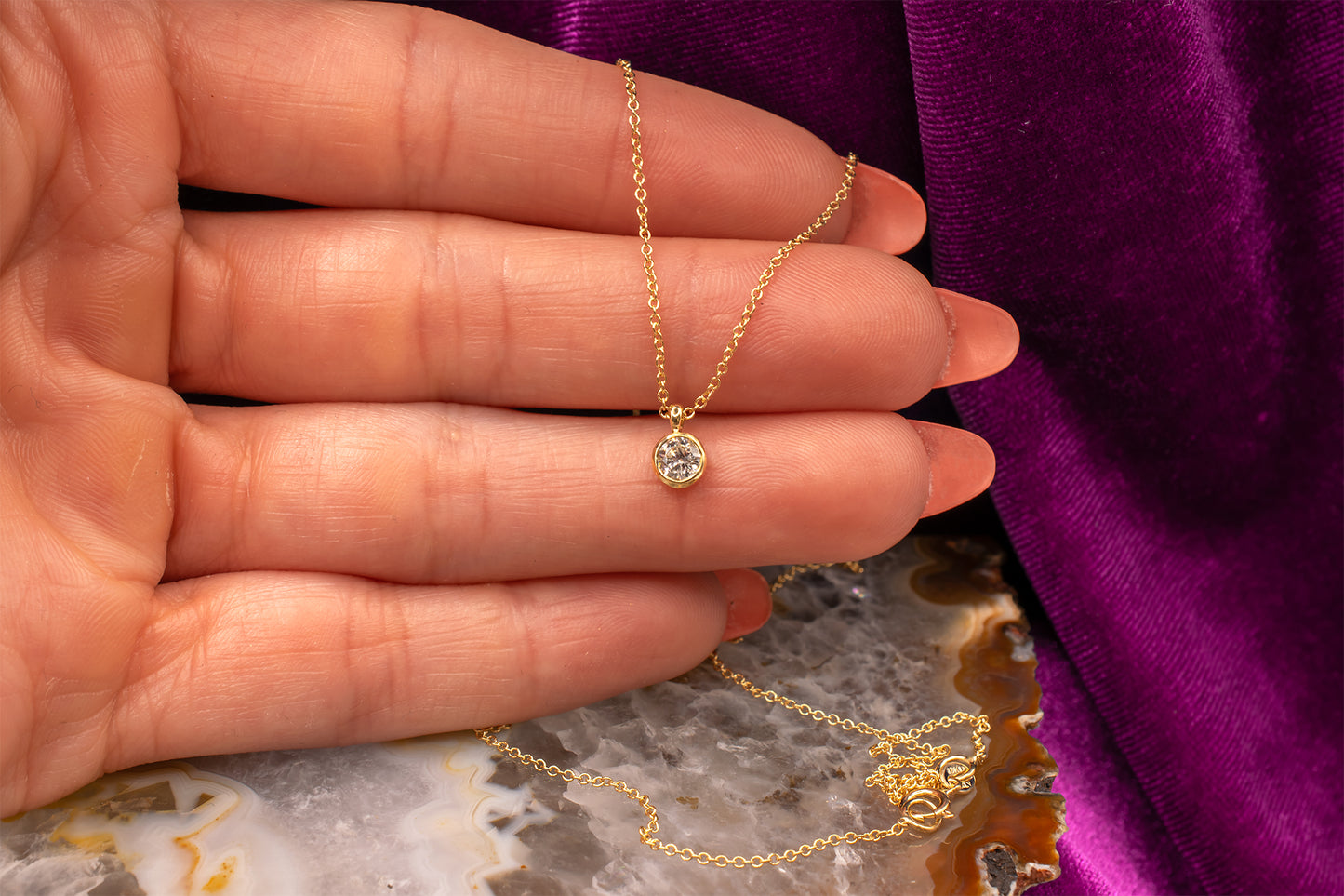 Upcycled Vintage & New 18k Yellow Gold Bezel Set 0.21 Carat Diamond Solitaire Pendant 18 Inches