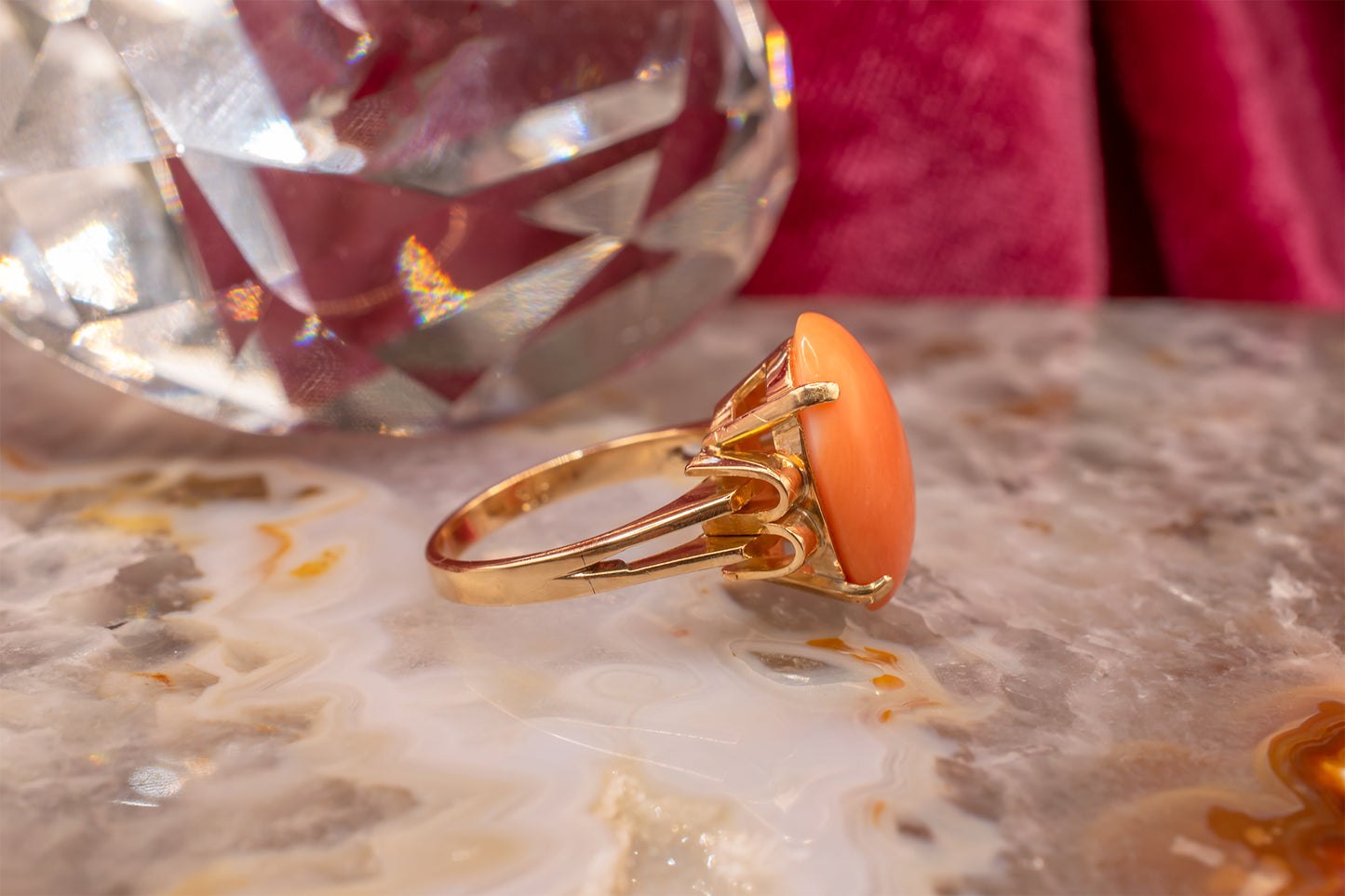 Retro Style Vintage 14k Yellow Gold 6.50 Carat Oval Shaped Coral Statement Ring Size 5 1/4