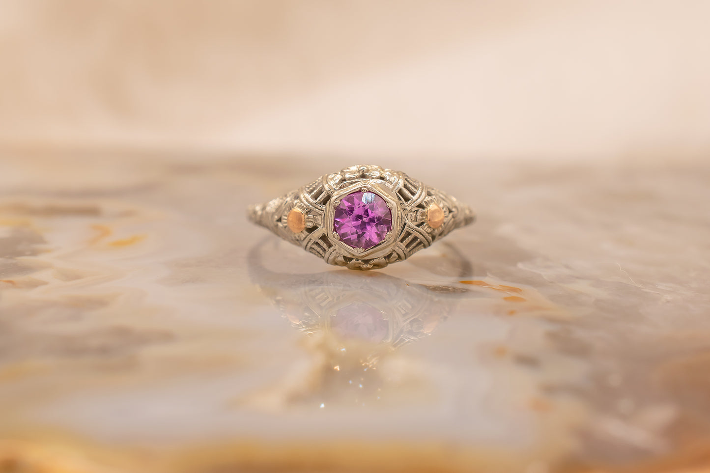Vintage Circa 1930s Art Deco 18K White Gold 0.39 ct. Pink Sapphire Ring With Filigree and Floral Details Size 5