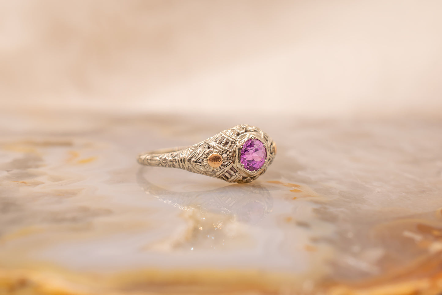Vintage Circa 1930s Art Deco 18K White Gold 0.39 ct. Pink Sapphire Ring With Filigree and Floral Details Size 5