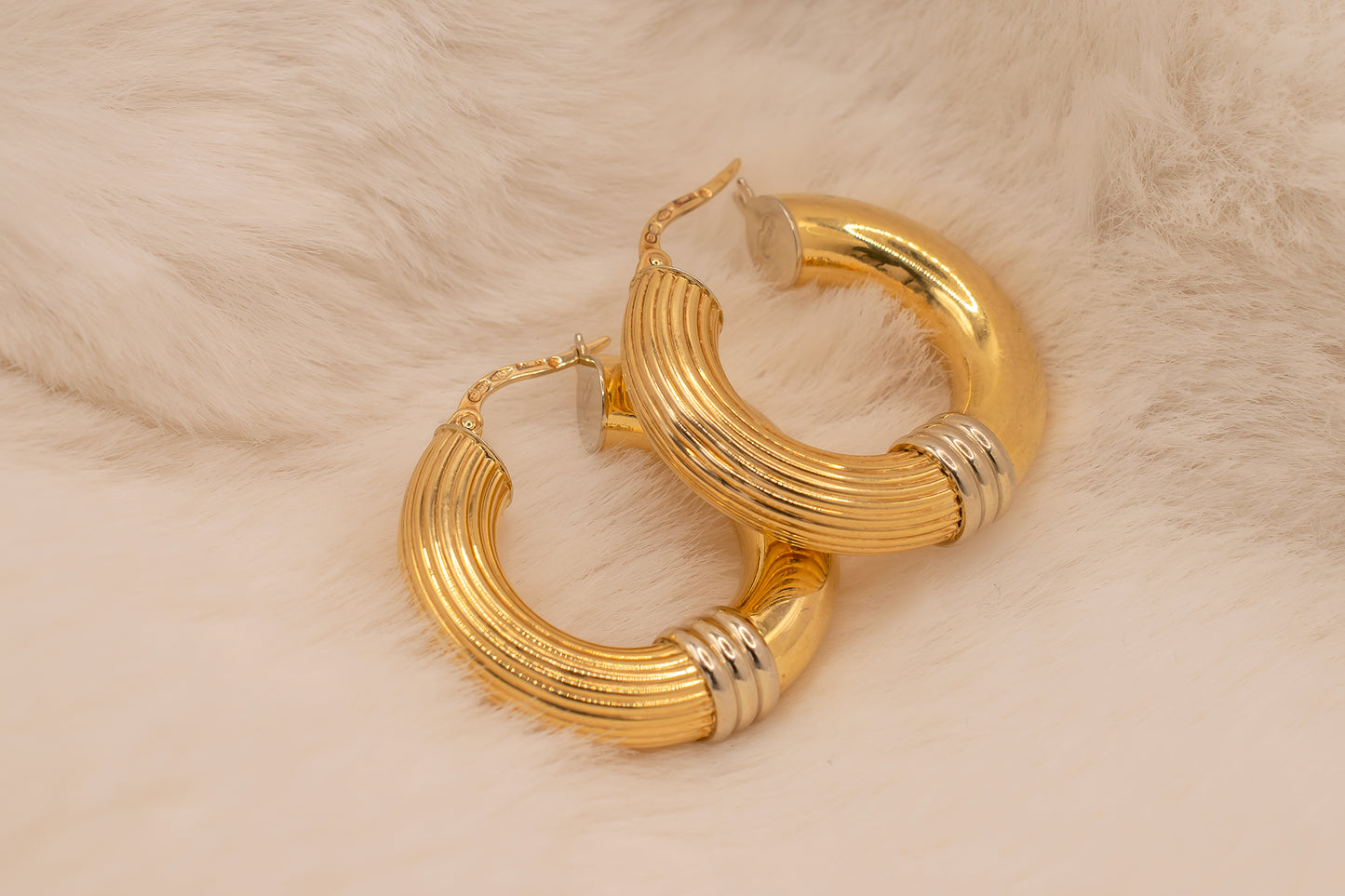 Vintage 90s 18k Yellow and White Gold Two Tone High Polish and Textured Hoop Earring 1 Inch